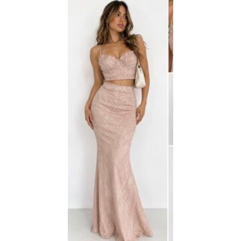 Commense Pink Plissé Two Piece Set Crop Bustier Top and Maxi Slit Skirt L NWT